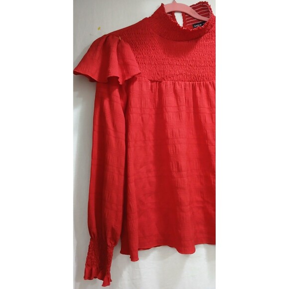 SHEIN Raspberry Red Textured Ruffle Trim High Neck Blouse XS L/S Chic Top LNC - Picture 2 of 7
